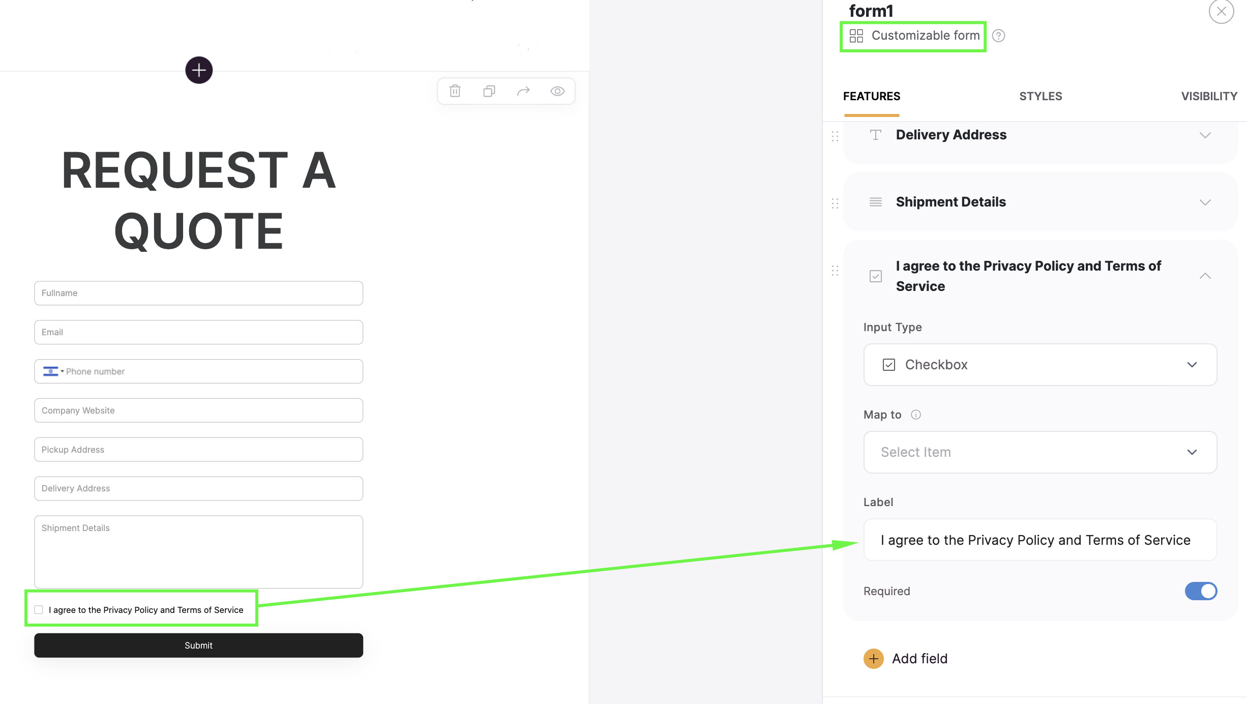 Customizable Form: Add checkbox to accept terms of service 